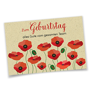 Vergrößere Abbildung Geburtstags-Glückwunschkarten mit rotem Klatschmohn und dem Schriftzug Zum Geburtstag alles Gute vom gesamten Team auf hellbraunem Hintergrund