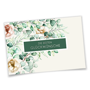 Vergrößere Abbildung Elegante Glückwunschkarte mit Rosen in Aquarelloptik und silbernem Schriftzug 'Die besten Glückwünsche' im grünen Fenster