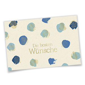 Vergrößere Abbildung Grußkarten mit goldgeprägtem Schriftzug 'Die besten Wünsche' und blauen Farbklecksen auf strukturiertem Aquarellkarton