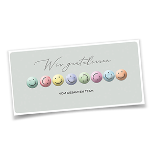 Vergrößere Abbildung Firmen-Glückwunschkarte DIN lang mit bunten Smileys in Blindprägung und silbernem Schriftzug 'Wir gratulieren – Vom gesamten Team'