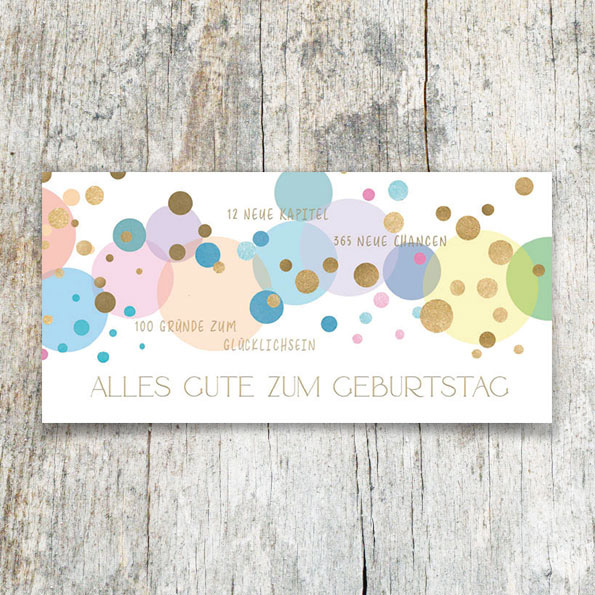 Vergrößerte Abbildung Bunte Geburtstagskarte DIN lang mit Kreisen in Metallicveredelung und dem Spruch '12 Neue Kapitel – 365 Neue Chancen – Alles Gute zum Geburtstag'