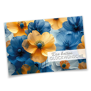 Vergrößere Abbildung Glückwunschkarte mit zarten Blüten in Orange und Blau