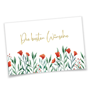 Vergrößere Abbildung Glückwunschkarte mit goldgeprägtem Schriftzug und roten Aquarellblüten