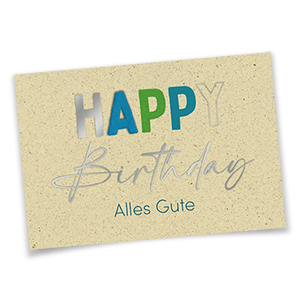 Vergrößere Abbildung Geburtstagskarten aus Graspapier mit Filzbuchstabe A und Silberfolienprägung Happy Birthday – Alles Gute