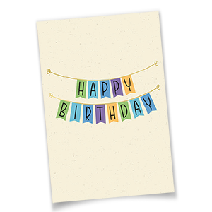Vergrößere Abbildung Geburtstagsgrußkarten mit bunter Wimpelgirlande und goldgeprägtem Schriftzug Happy Birthday auf Naturkarton